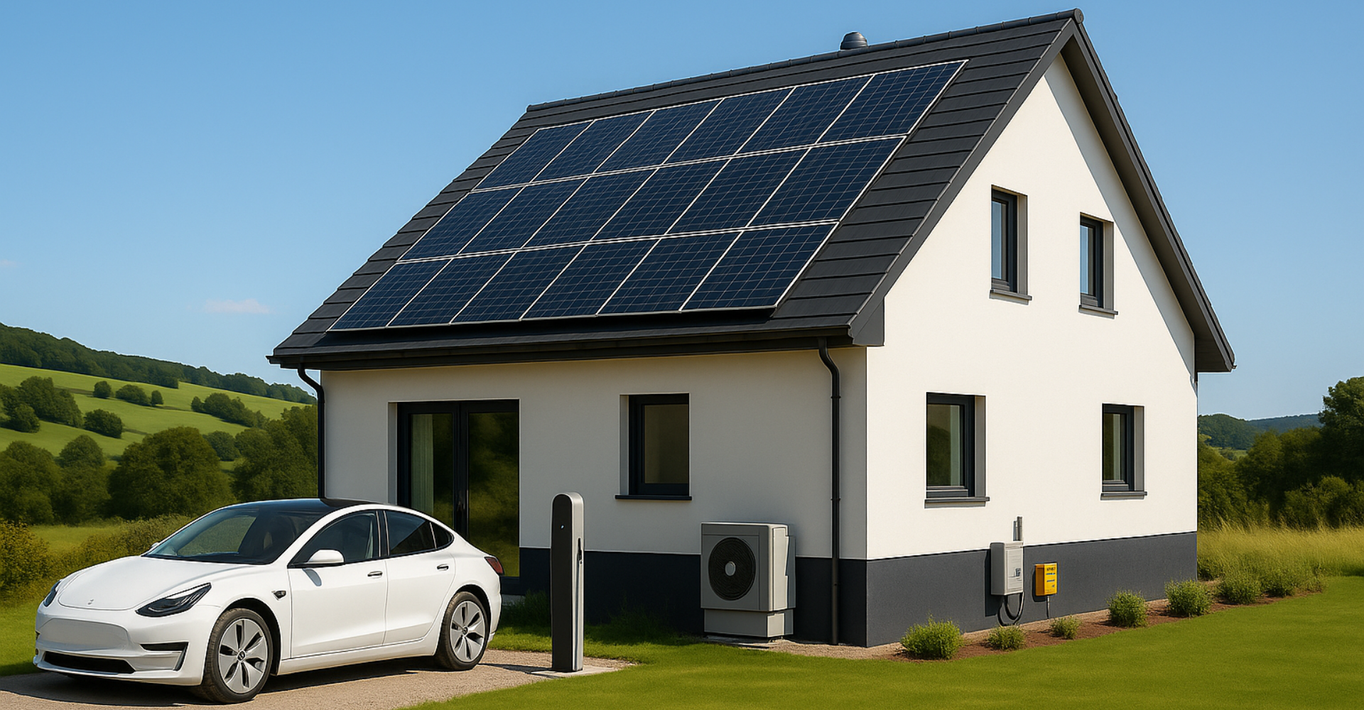Ein Einfamilienhaus mit Solaranlage, Elektroauto und Wärmepumpe.