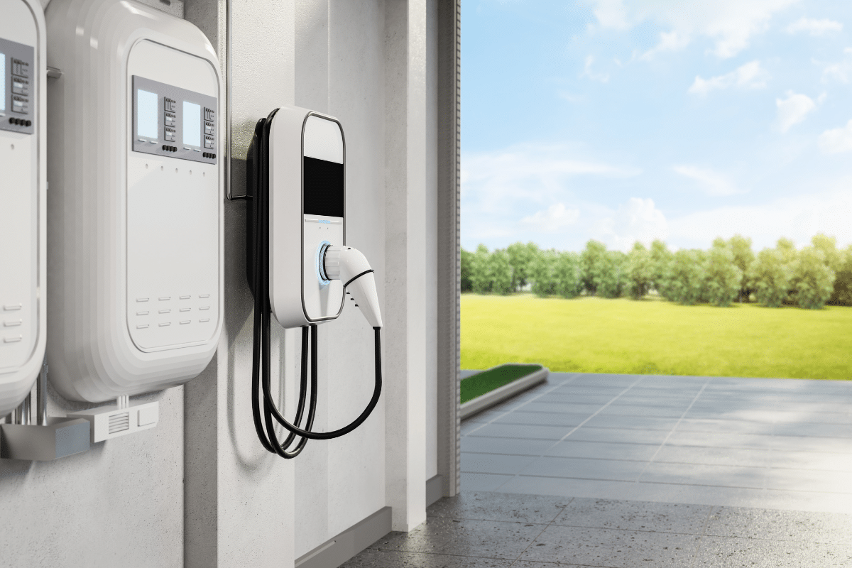 Wallbox Wandmontierte Ladestation für ein Elektroauto in einer Garage mit Blick ins Grüne.