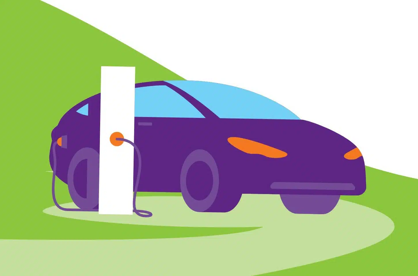 Eww Banner E-Auto Ladesäule Illustration eines Elektroautos, das an einer Ladesäule angeschlossen ist.